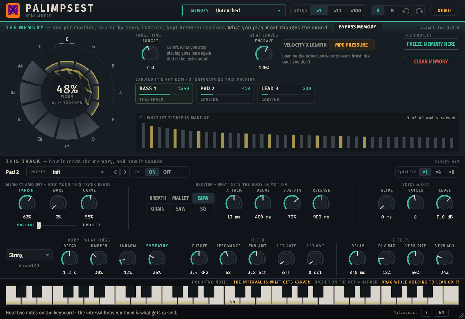 Palimpsest interface — the memory band with the twelve-segment wear map, the two laws Forgetting and Engrave, the shipped-memory selector, and below it this track's preset, body, exciter, ladder filter and outputs