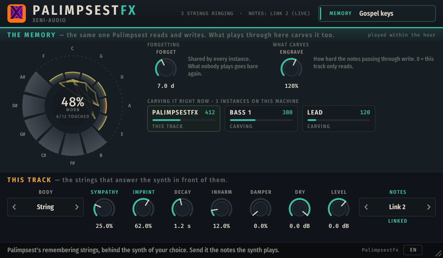 PalimpsestFx interface — the shared memory band with the wear map, Forget and Engrave, the instances carving it; below, this track's Body, Sympathy, Imprint, Decay, Inharm, Damper, Dry, Level and the Notes source picker set to Link 2
