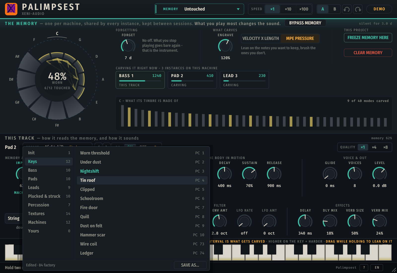The preset library — categories left, sounds right